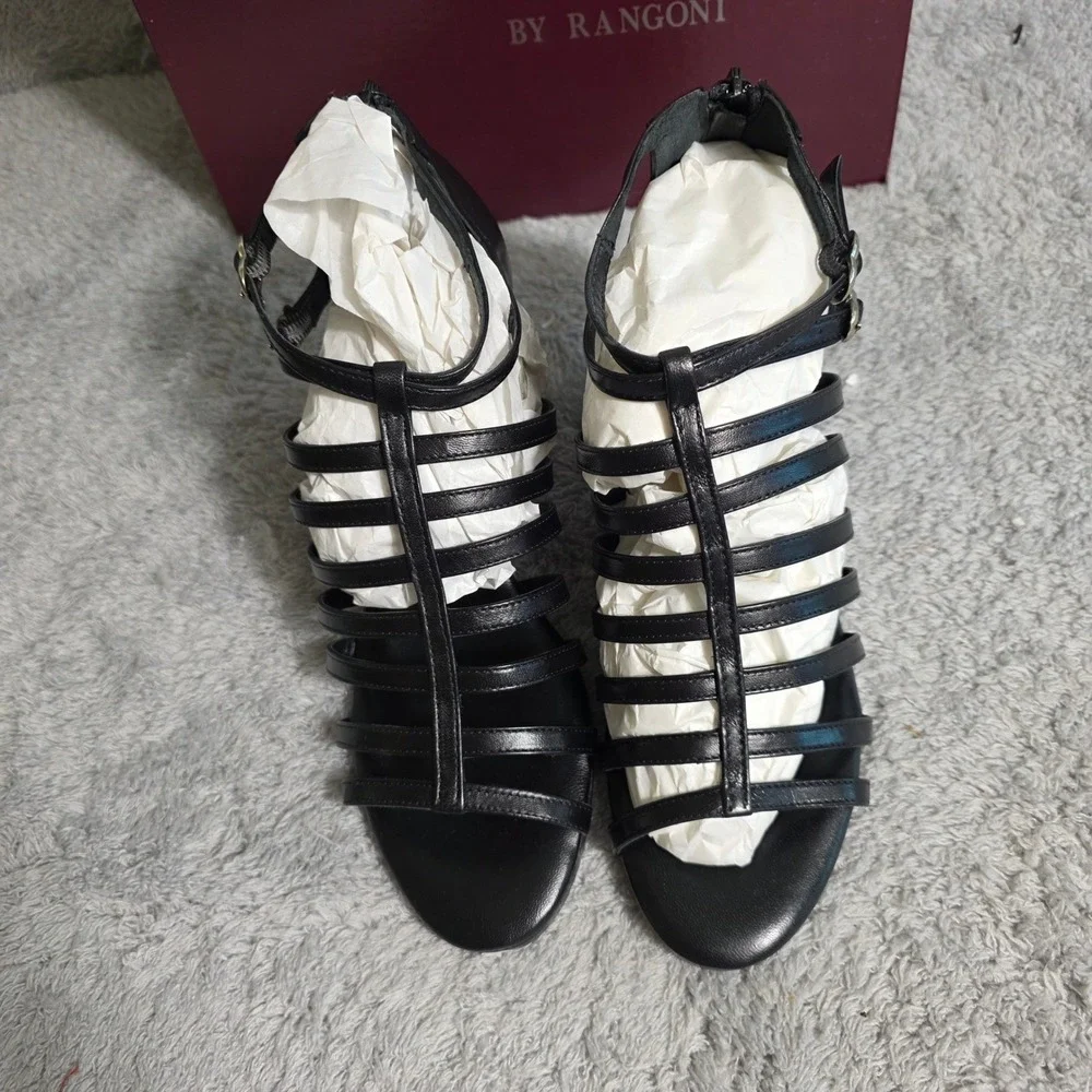 Amalfi Rangoni Black Italian Leather‎ Snakeskin Wedge Gladiator Sandals 9.5M NEW